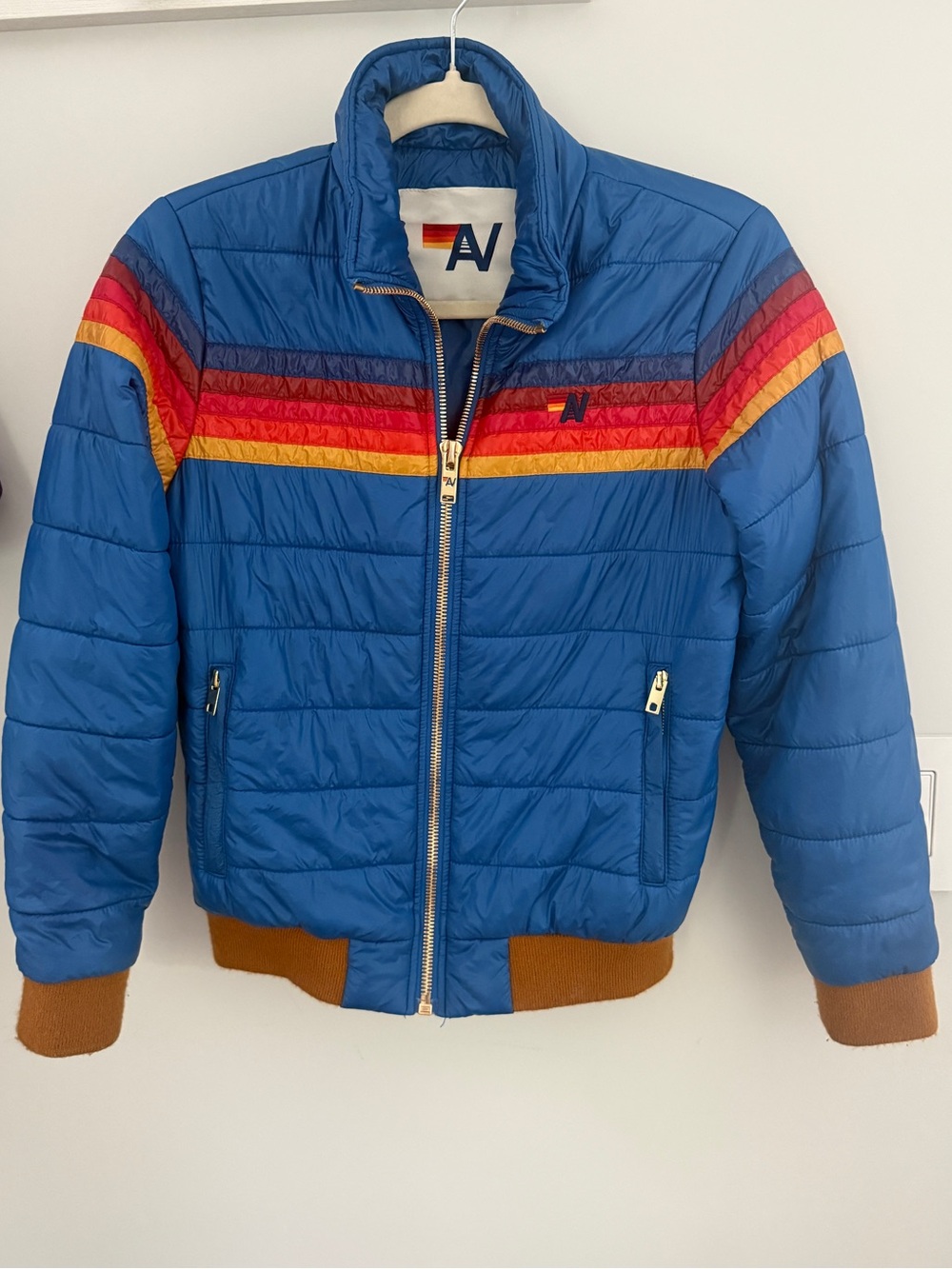 Aviator Nation Kids Blue Puffer Jacket with Signature Chest Stripes